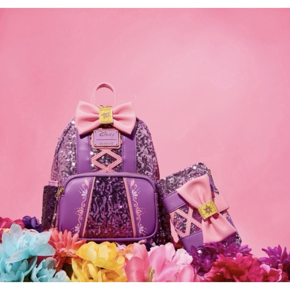 NWT Loungefly Disney Princess Rapunzel Tangled Sequin Backpack Wallet Set Purple